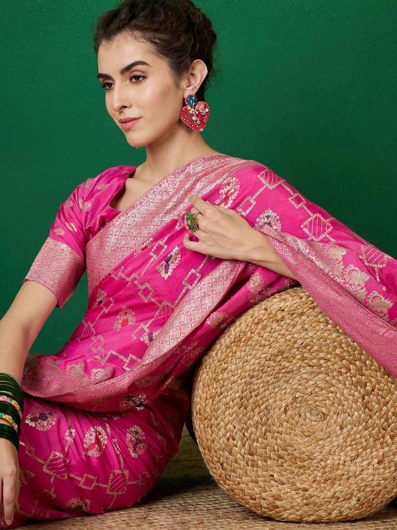 pink Banarasi Dola Cotton Saree with Blouse