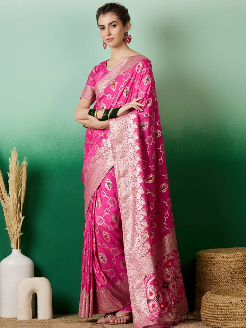 pink Banarasi Dola Cotton Saree with Blouse