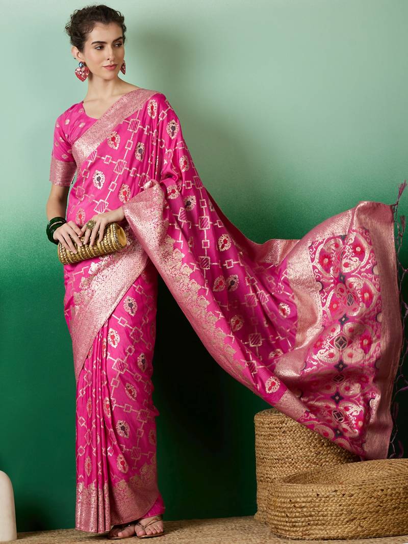 pink Banarasi Dola Cotton Saree with Blouse