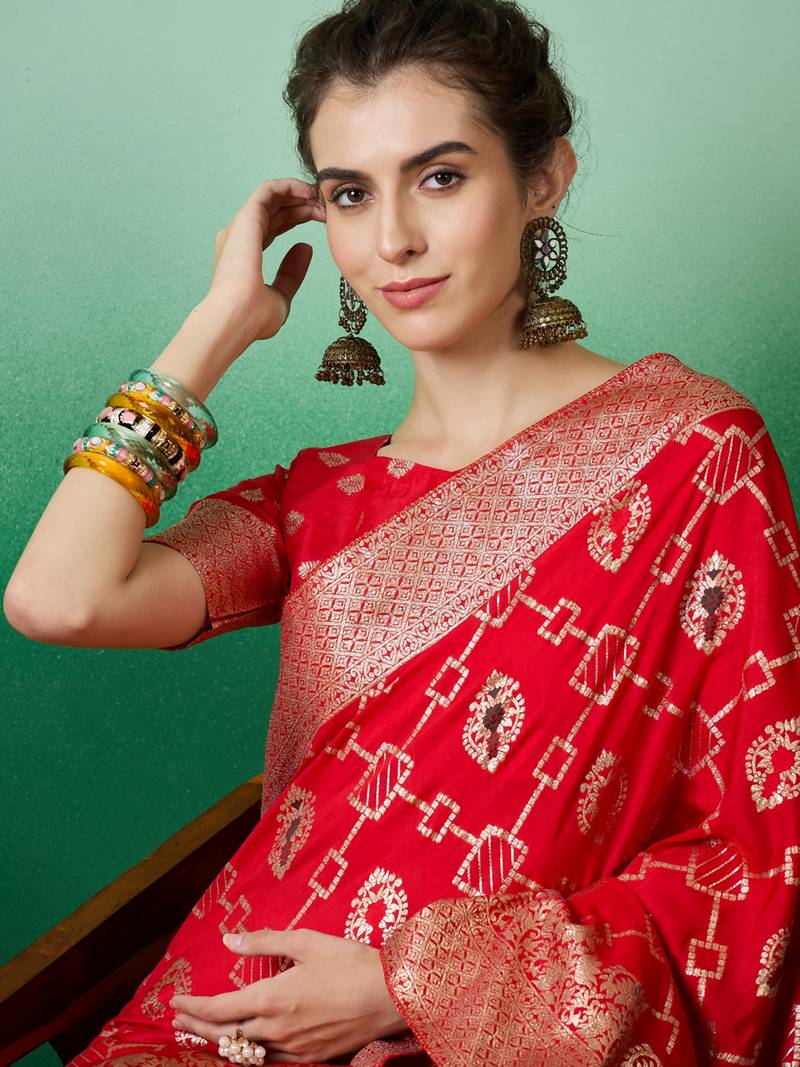red Banarasi Dola Cotton Saree with Blouse