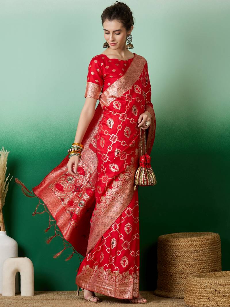red Banarasi Dola Cotton Saree with Blouse