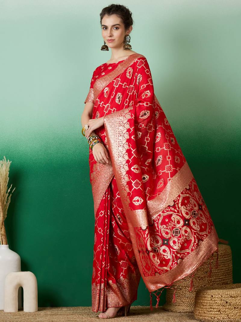 red Banarasi Dola Cotton Saree with Blouse