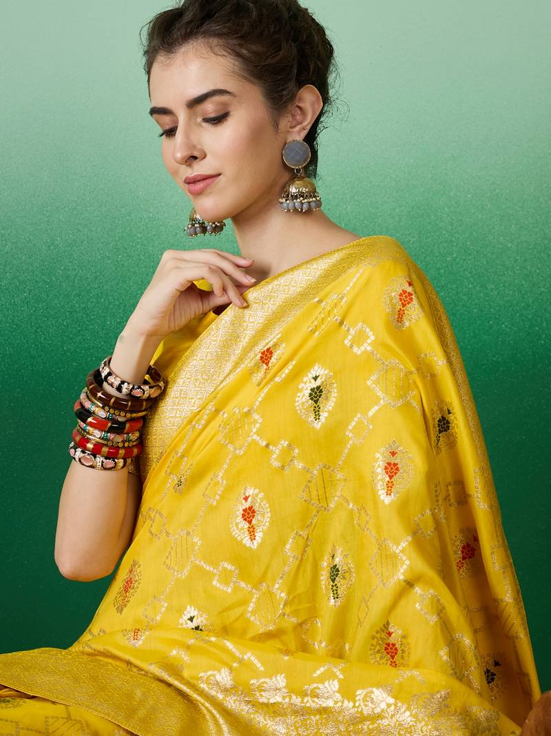 yellow Banarasi Dola Cotton Saree with Blouse