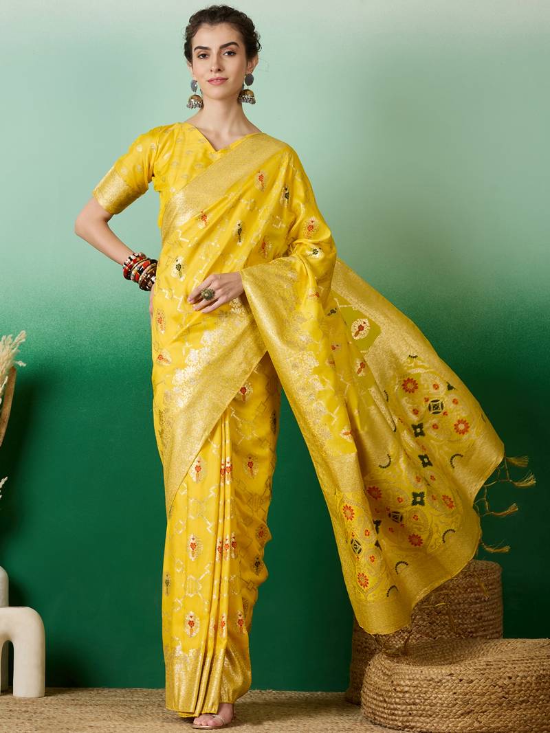 yellow Banarasi Dola Cotton Saree with Blouse