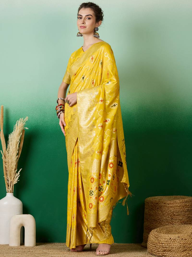 yellow Banarasi Dola Cotton Saree with Blouse