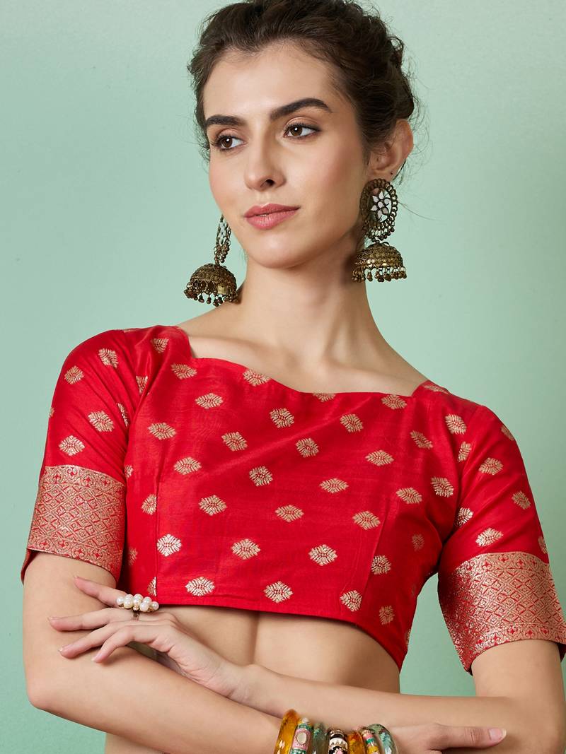 red Banarasi Dola Cotton Saree with Blouse
