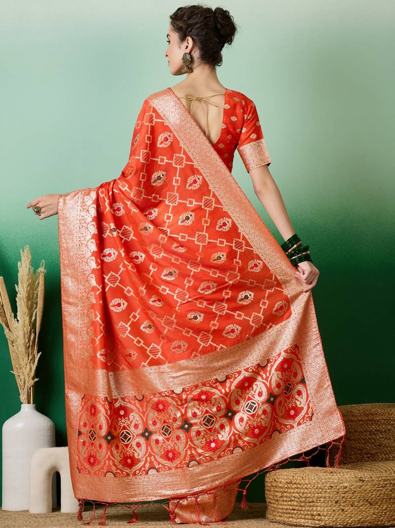 orange Banarasi Dola Cotton Saree with Blouse