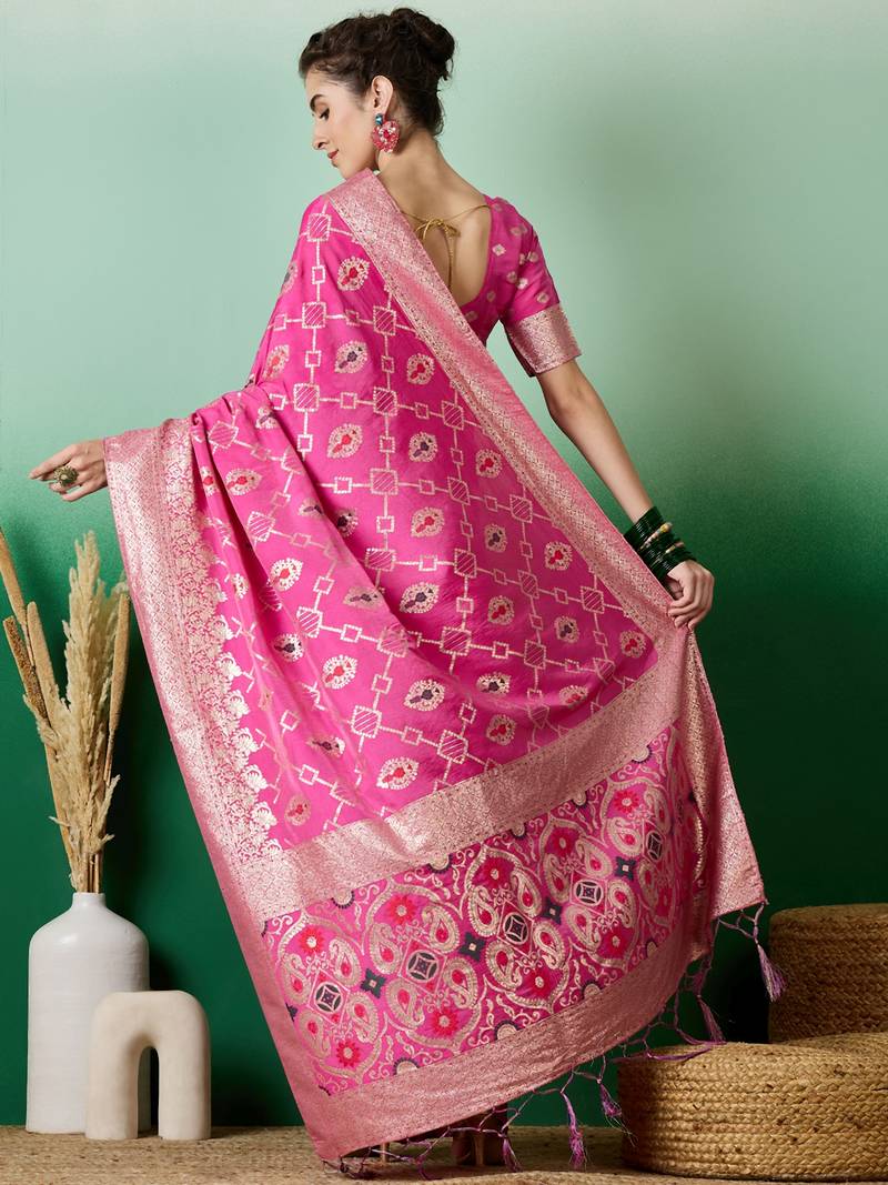 pink Banarasi Dola Cotton Saree with Blouse