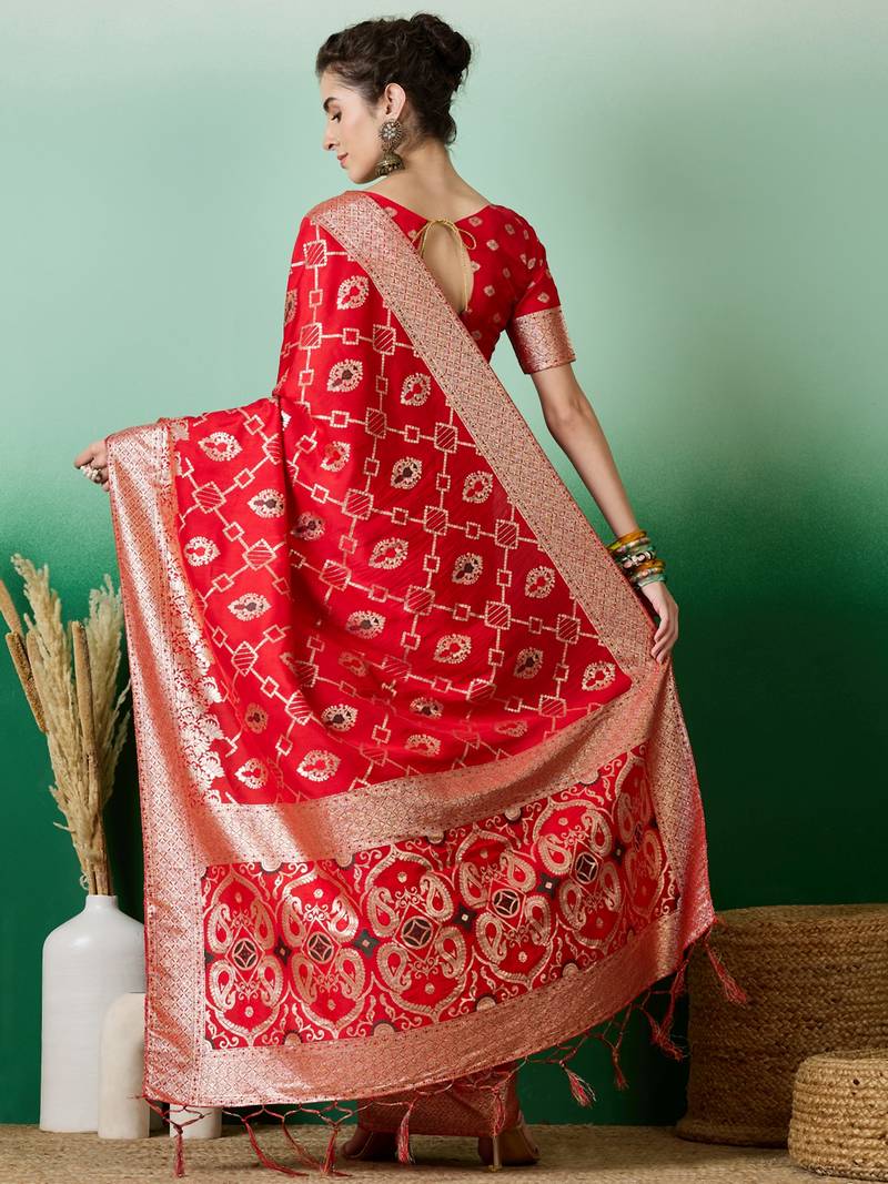 red Banarasi Dola Cotton Saree with Blouse