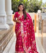 Rani pink Floral Dolla silk blend Tassels Saree Matching Blouse