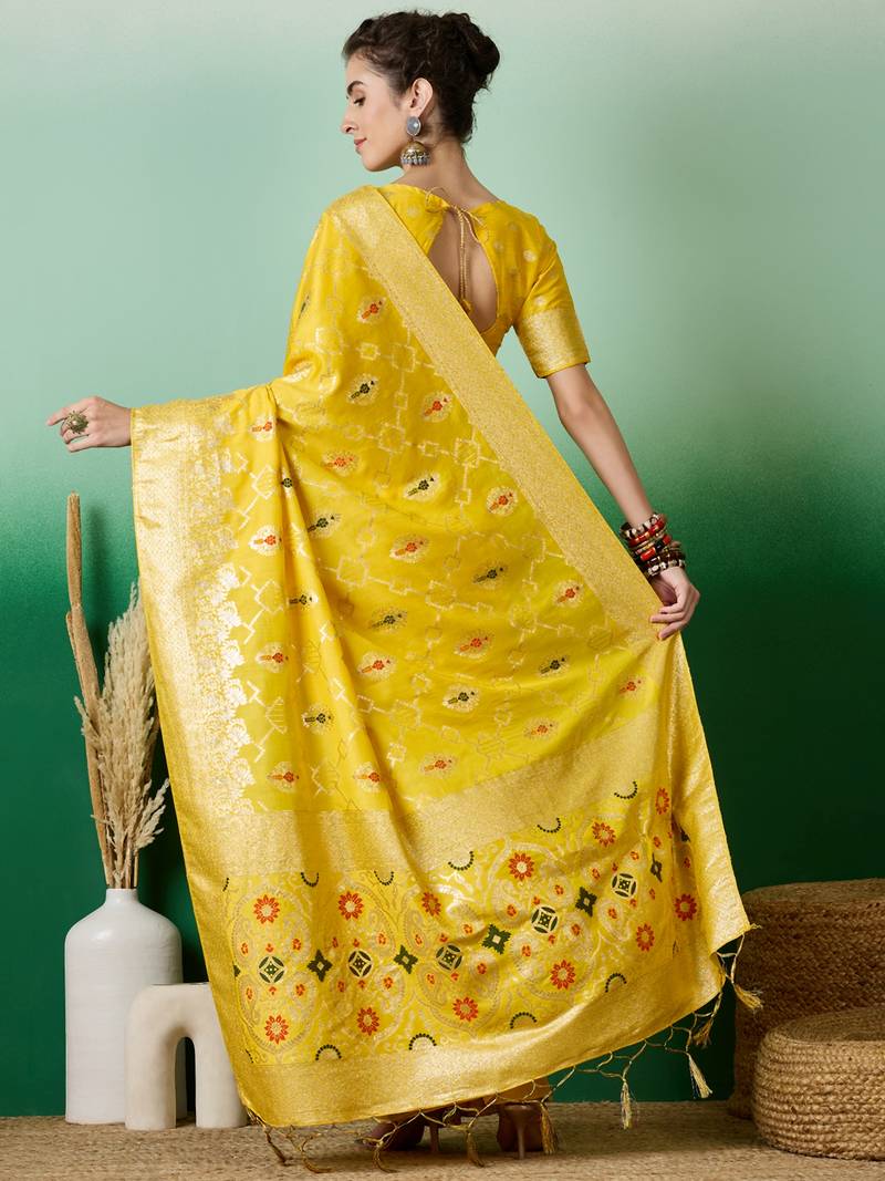 yellow Banarasi Dola Cotton Saree with Blouse