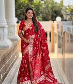 Red Floral Dolla silk blend Tassels Saree With Matching Blouse