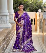 Violet Floral Dolla silk blend Tassels Saree With Matching Blouse
