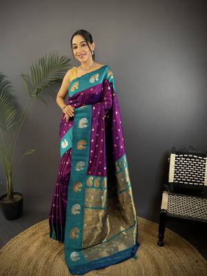 purple silk blend butti zari weaving contrast weaving border banarasi saree 1