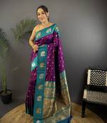 purple silk blend butti zari weaving contrast weaving border banarasi saree