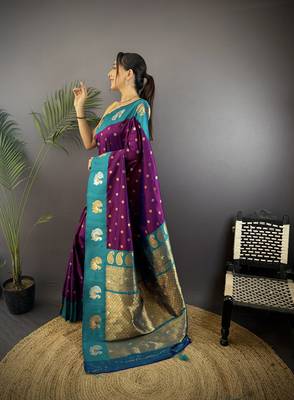 purple silk blend butti zari weaving contrast weaving border banarasi saree 2