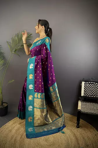 purple silk blend butti zari weaving contrast weaving border banarasi saree