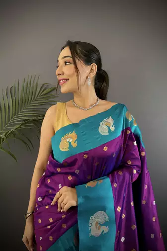 purple silk blend butti zari weaving contrast weaving border banarasi saree