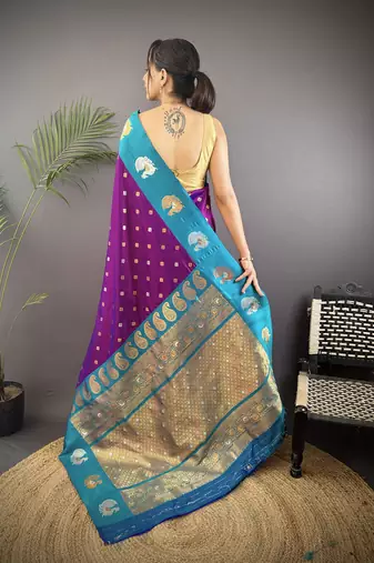 purple silk blend butti zari weaving contrast weaving border banarasi saree