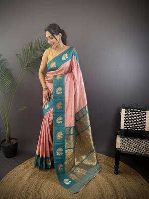 light pink silk blend butti zari weaving contrast weaving border banarasi saree 1