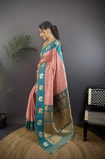 light pink silk blend butti zari weaving contrast weaving border banarasi saree