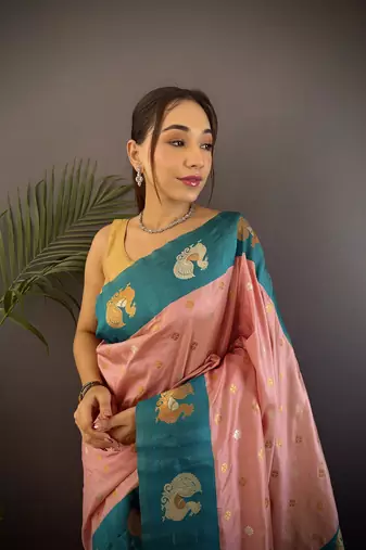light pink silk blend butti zari weaving contrast weaving border banarasi saree