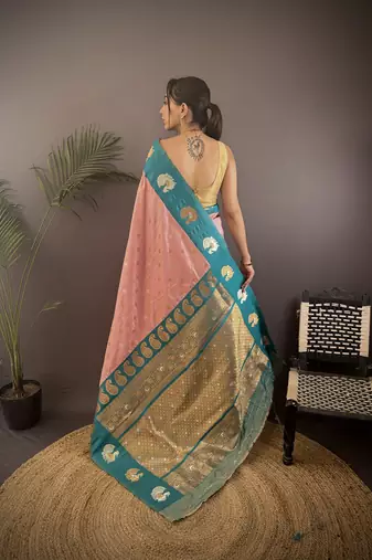 light pink silk blend butti zari weaving contrast weaving border banarasi saree