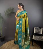light green silk blend butti zari weaving contrast weaving border banarasi saree
