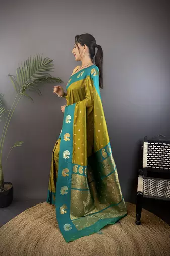 light green silk blend butti zari weaving contrast weaving border banarasi saree
