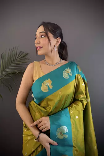 light green silk blend butti zari weaving contrast weaving border banarasi saree