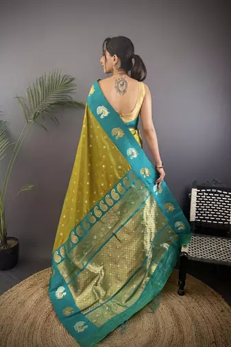 light green silk blend butti zari weaving contrast weaving border banarasi saree