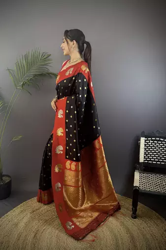 black silk blend butti zari weaving contrast weaving border banarasi saree