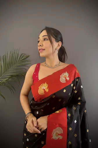 black silk blend butti zari weaving contrast weaving border banarasi saree