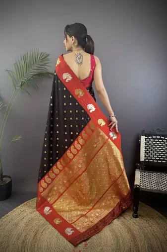 black silk blend butti zari weaving contrast weaving border banarasi saree