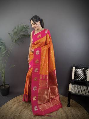 orange silk blend butti zari weaving contrast weaving border banarasi saree 1