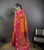 orange silk blend butti zari weaving contrast weaving border banarasi saree