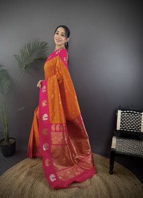 orange silk blend butti zari weaving contrast weaving border banarasi saree 2