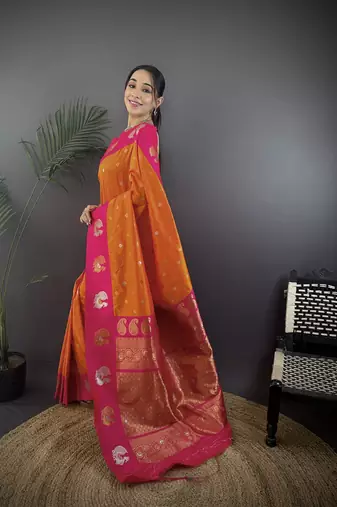 orange silk blend butti zari weaving contrast weaving border banarasi saree