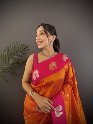 orange silk blend butti zari weaving contrast weaving border banarasi saree 3
