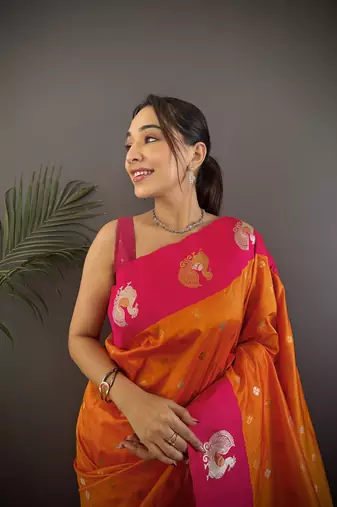 orange silk blend butti zari weaving contrast weaving border banarasi saree
