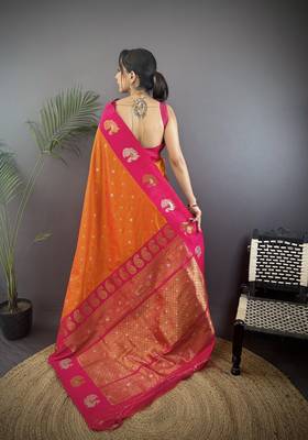 orange silk blend butti zari weaving contrast weaving border banarasi saree 4