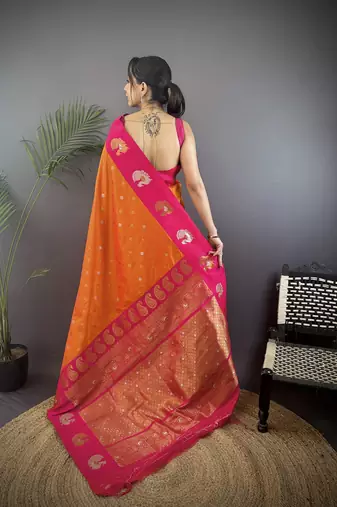 orange silk blend butti zari weaving contrast weaving border banarasi saree