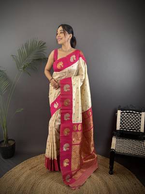 off white silk blend butti zari weaving contrast weaving border banarasi saree 1