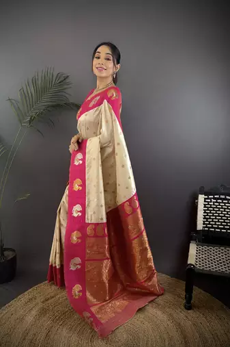 off white silk blend butti zari weaving contrast weaving border banarasi saree