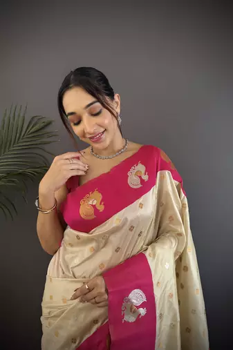 off white silk blend butti zari weaving contrast weaving border banarasi saree