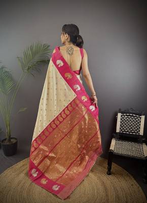 off white silk blend butti zari weaving contrast weaving border banarasi saree 4