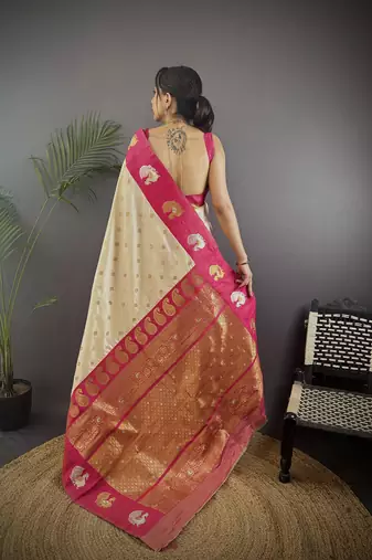 off white silk blend butti zari weaving contrast weaving border banarasi saree
