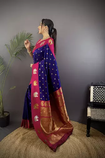 navy blue silk blend butti zari weaving contrast weaving border banarasi saree