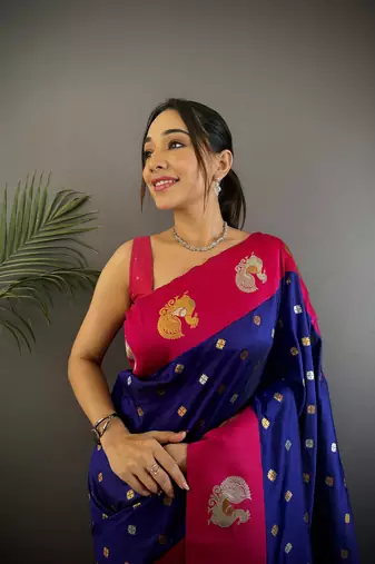 navy blue silk blend butti zari weaving contrast weaving border banarasi saree