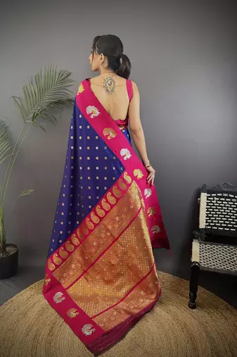 navy blue silk blend butti zari weaving contrast weaving border banarasi saree